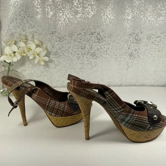 Rue 21 Brown & Teal Pin Stripe Open Toed Heels - Picture 7 of 11